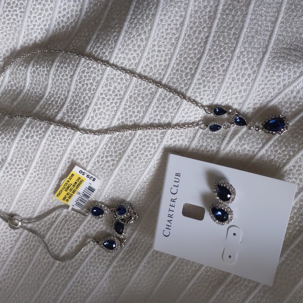 Tear drop necklace, bracelet, earrings.  Blue silver NWOT